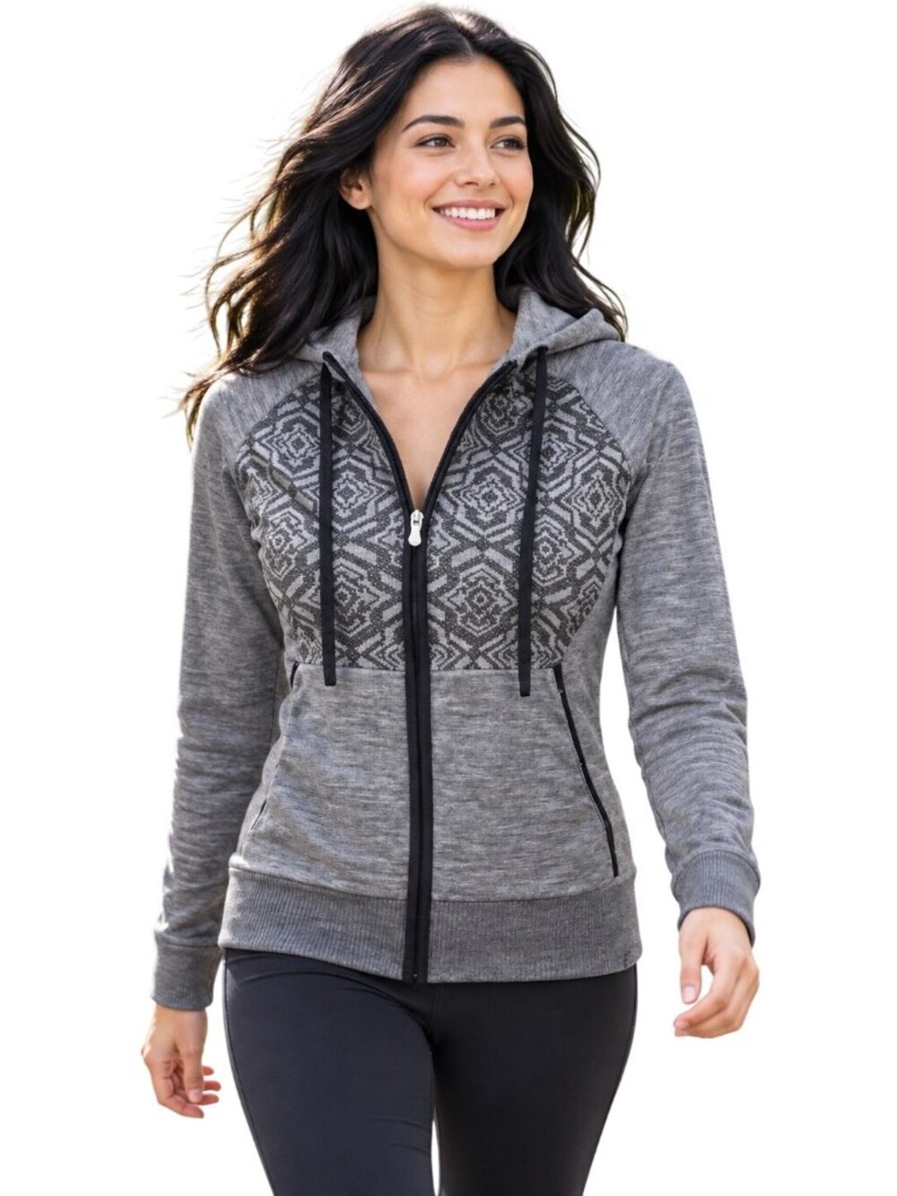 Smartwool Womens Small Gray Full-Zip Hoodie 100% Merino Wool Geometric Pattern